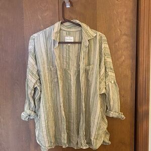 American Eagle Outfitters Casual Striped Shirt - Green and Cream